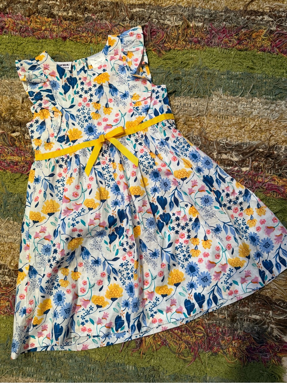 Blueberi Boulevard Girls Sz. 5 Floral Ruffled Kids Dress with Yellow Waist Tie